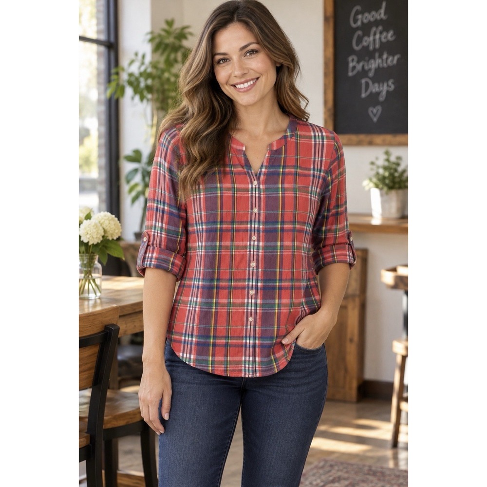 Talbots Petites Multi-Color Plaid v neck Button Down Shirt MP